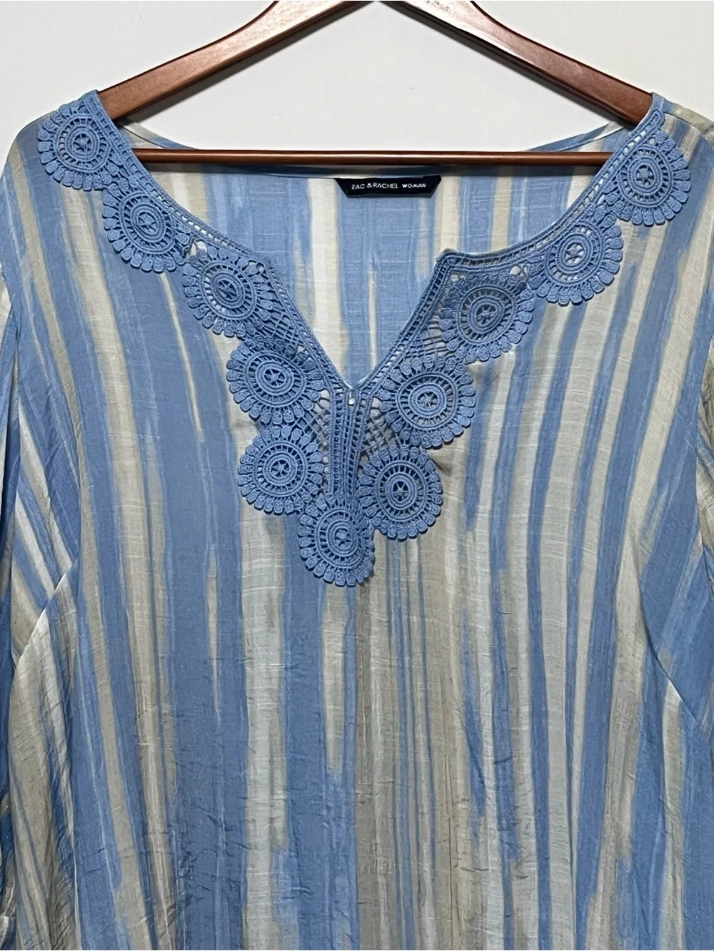 ZAC & RACHEL Boho Blue Striped Tunic Top 3X Crochet Trim Bell Sleeve Flowy
